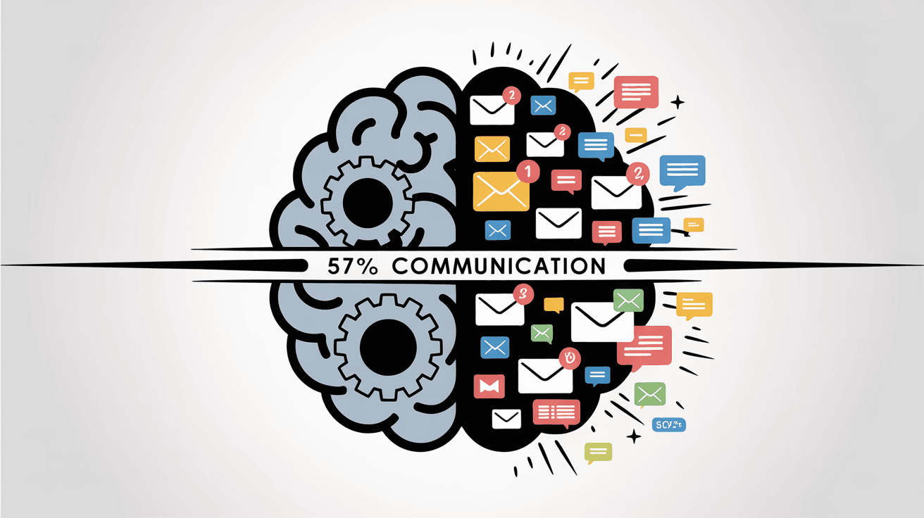 Professional illustration showing brain split between deep work gears and email communication icons, depicting 57% communication versus focus time
